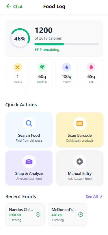 HelloNutrition food logging screen - Track calories, macros and nutritional information for meals